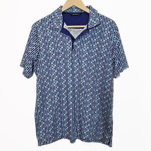 Bugatachi Men's Blue Geometric Square Print‎ Polo Mercerized Cotton Size Large